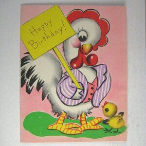 Volland Card Happy Birthday Day 1949 Used Chicken Little Anthropomorphic Rooster